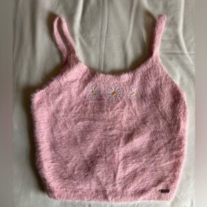 Hollister Tank Womens S Pink Fuzzy Embroidered Daisy Cropped Y2K Clueless Preppy